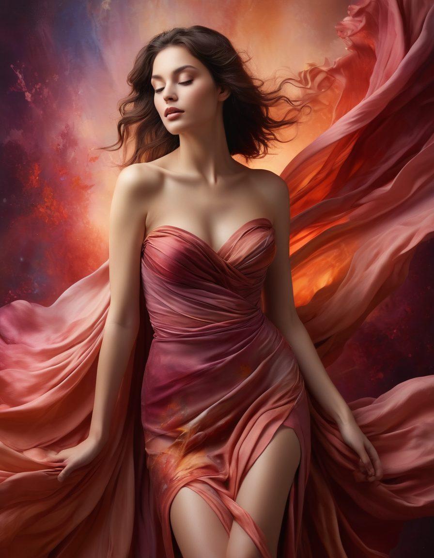 A captivating figure draped in flowing fabrics, exuding confidence and allure, surrounded by abstract shapes symbolizing desire and infatuation. Soft, warm lighting accentuates the curves and contours, with hints of nature like petals gently falling around them to emphasize beauty. A dreamy, ethereal background with rich colors that evoke passion and seduction. elegant and alluring. vibrant colors. super-realistic.