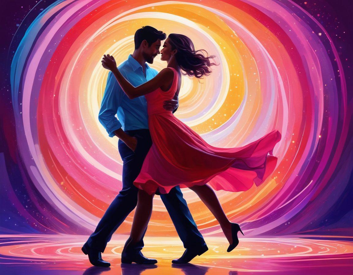 A playful couple engaged in a flirty dance, surrounded by swirling colorful lights that symbolize attraction and seduction. Their expressions are filled with charm and mischief, showcasing the playful nature of romance. The background features abstract shapes and soft gradients that evoke a sense of intimacy and allure. This lively scene conveys the essence of connection and attraction. vibrant colors. digital painting.